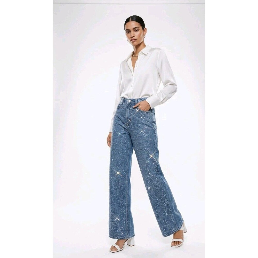 New Sparkly STRETCHY Jeans Rhinestone wide leg Pockets Size XL